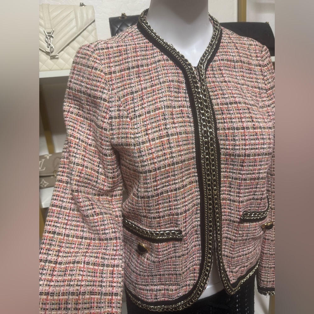 ZARA Tweed Gold Embellished Blazer Jacket - Picture 3 of 11
